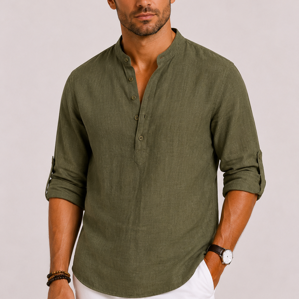 Sterling Row | Men’s Relaxed Fit Linen Popover Shirt Stand Collar