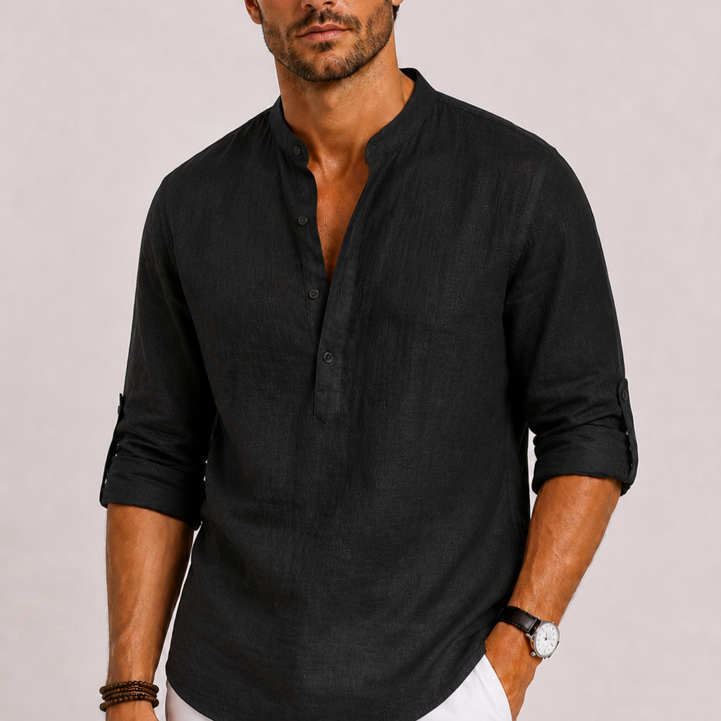 Sterling Row | Men’s Relaxed Fit Linen Popover Shirt Stand Collar