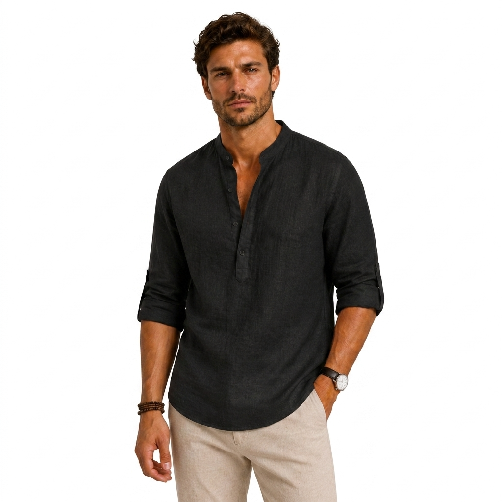 Sterling Row | Men’s Relaxed Fit Linen Popover Shirt Stand Collar