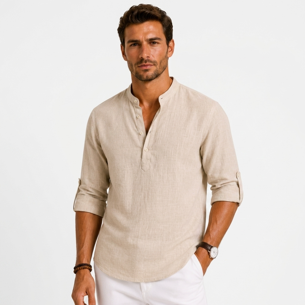 Sterling Row | Men’s Relaxed Fit Linen Popover Shirt Stand Collar