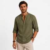 Sterling Row | Men’s Relaxed Fit Linen Popover Shirt Stand Collar