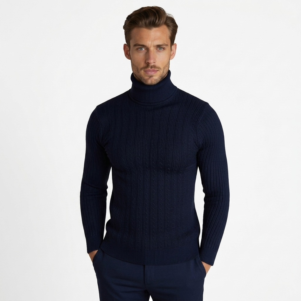 Sterling Row | Men’s Cable Knit Turtleneck Sweater Slim Fit Luxury