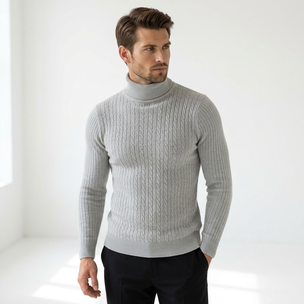 Sterling Row | Men’s Cable Knit Turtleneck Sweater Slim Fit Luxury