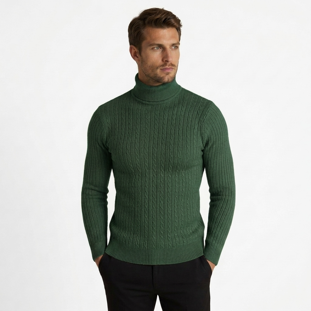 Sterling Row | Men’s Cable Knit Turtleneck Sweater Slim Fit Luxury