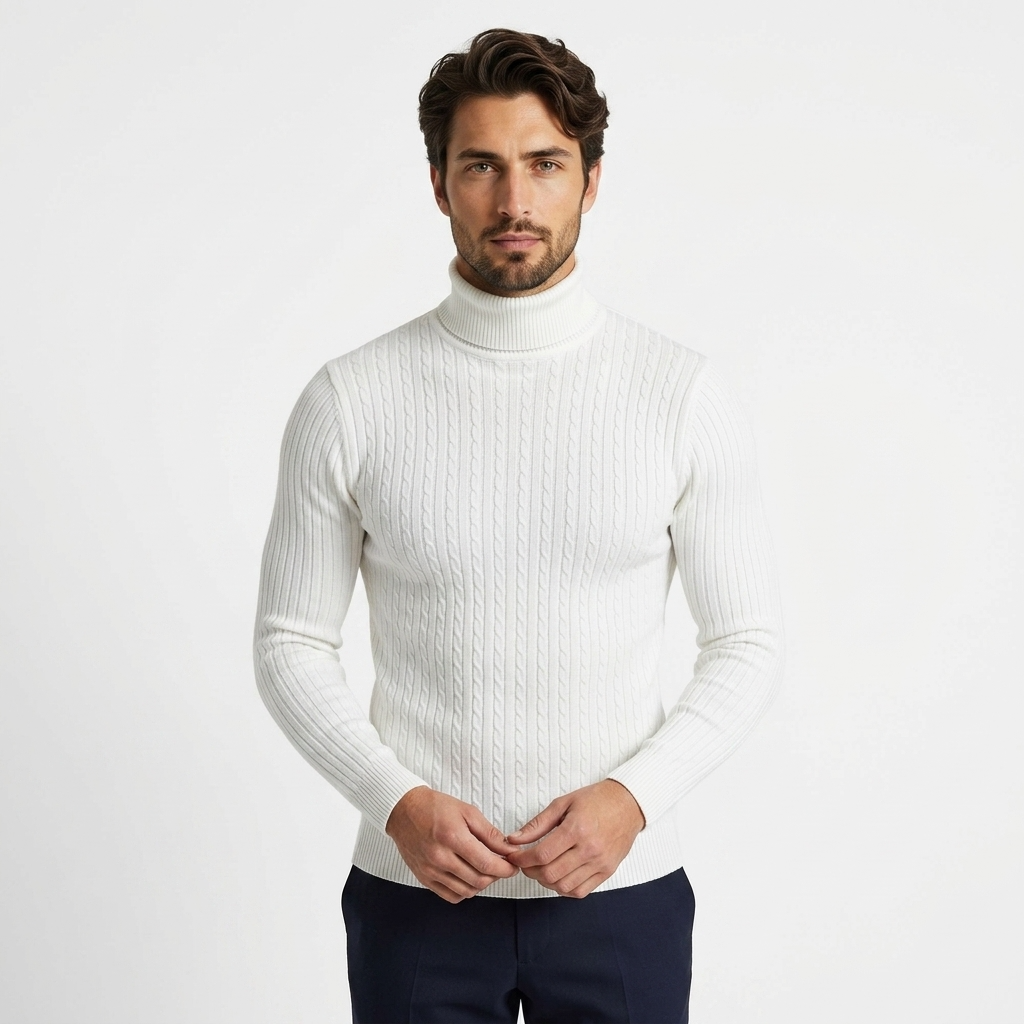Sterling Row | Men’s Cable Knit Turtleneck Sweater Slim Fit Luxury