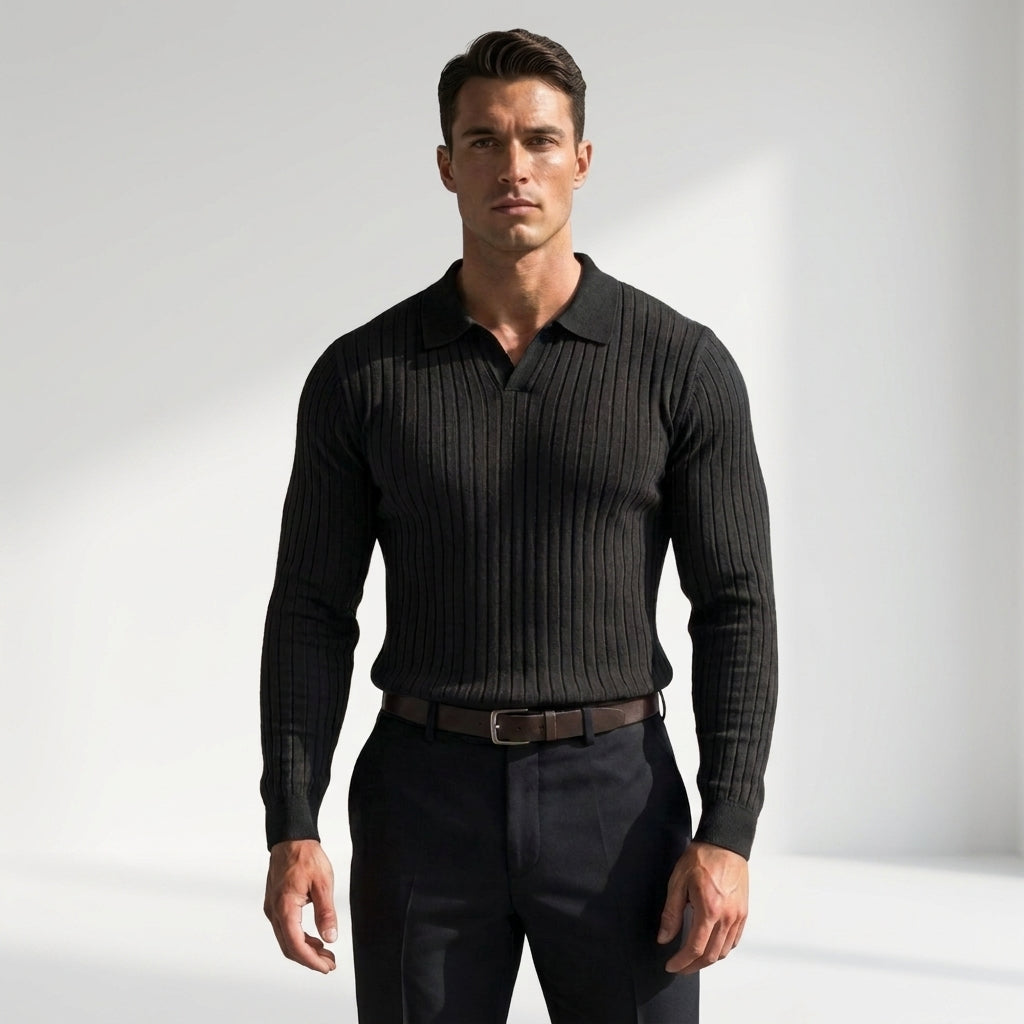 Sterling Row | Men’s Ribbed Polo Sweater Slim Fit Luxury Knit