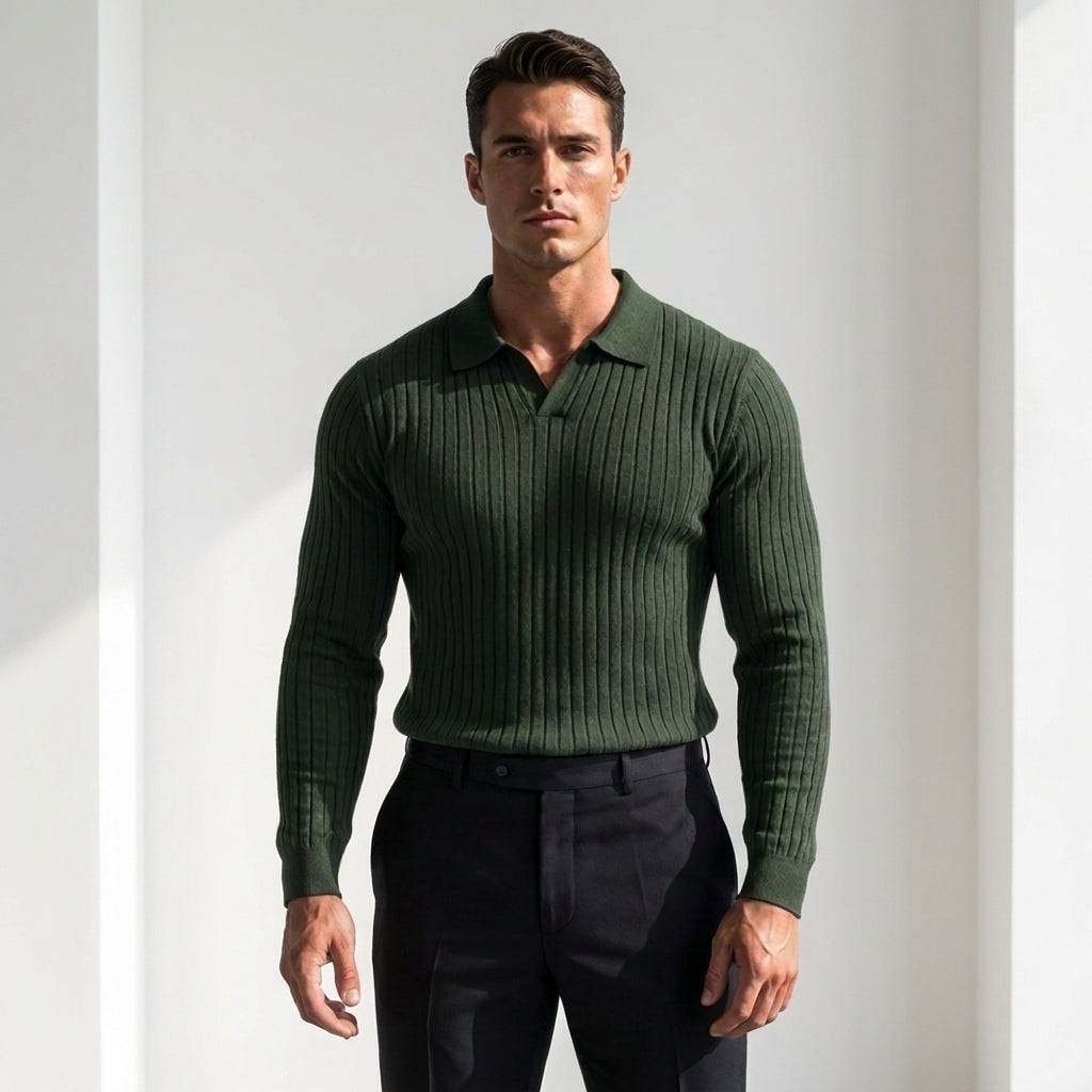 Sterling Row | Men’s Ribbed Polo Sweater Slim Fit Luxury Knit