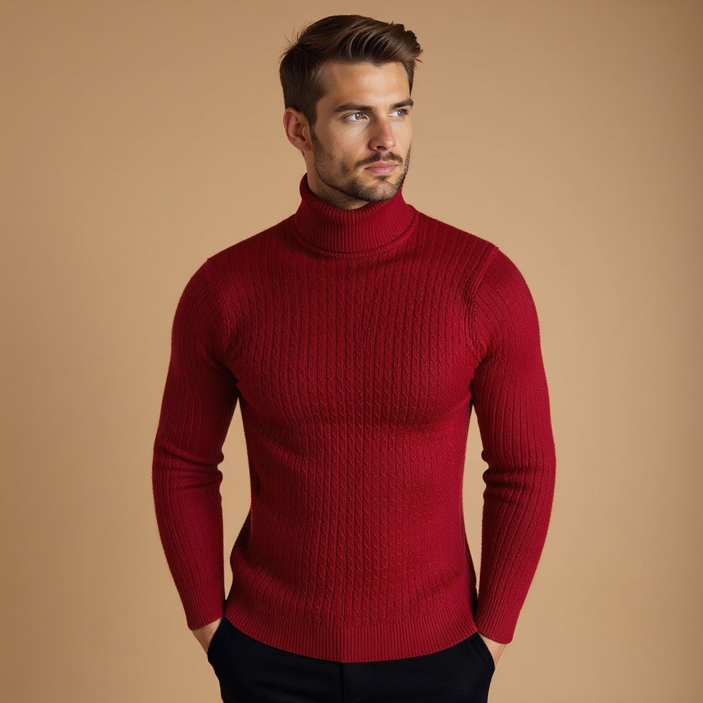 Sterling Row | Men’s Cable Knit Turtleneck Sweater Slim Fit Luxury