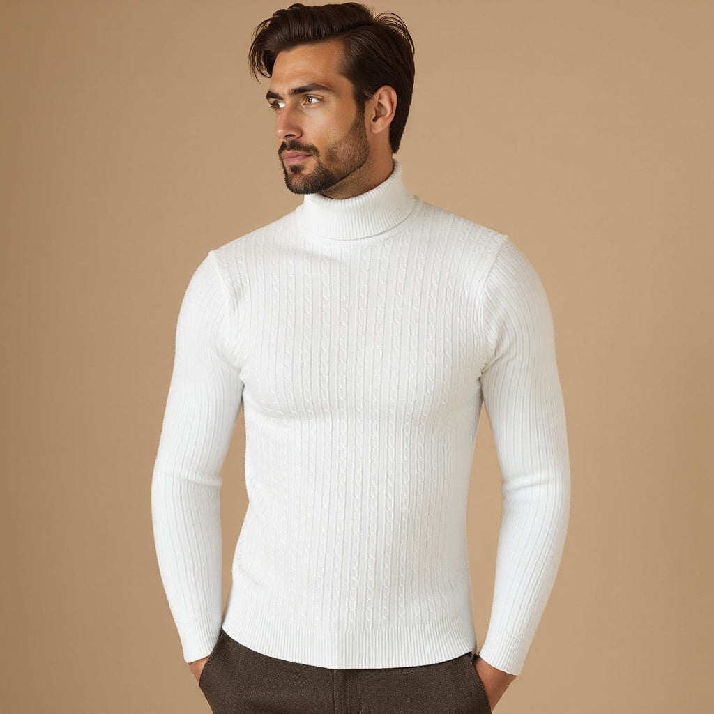 Sterling Row | Men’s Cable Knit Turtleneck Sweater Slim Fit Luxury
