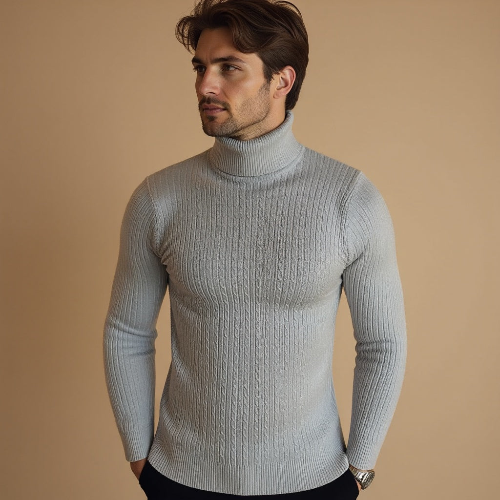 Sterling Row | Men’s Cable Knit Turtleneck Sweater Slim Fit Luxury