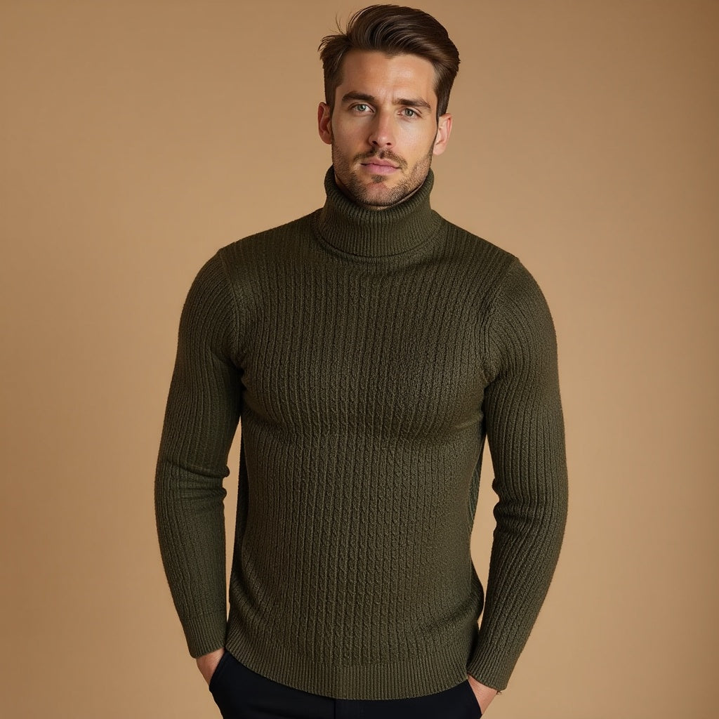 Sterling Row | Men’s Cable Knit Turtleneck Sweater Slim Fit Luxury